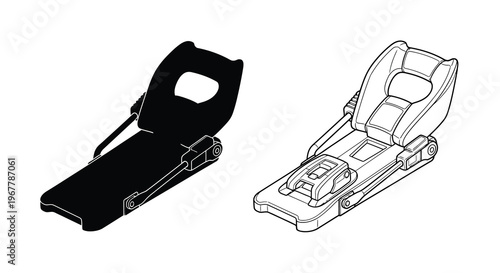 Ski binding illustration solid black and line drawing views