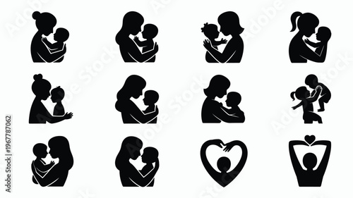 Mother's day lifestyle silhouette logo set black icons of mothers and children family love symbols