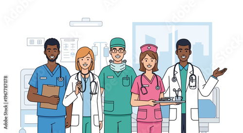 Diverse group of smiling doctors and nurses standing together, representing a professional and welcoming healthcare team in a bright studio.