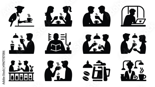 Silhouettes of people enjoying coffee and socializing in a modern cafe lifestyle setting
