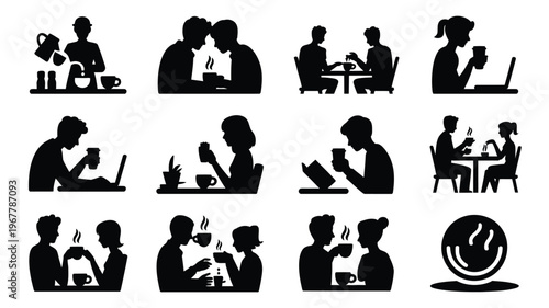 Silhouette icons of people working socializing and enjoying coffee in various settings