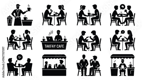 Silhouettes of people enjoying coffee and socializing in a modern cafe setting with various seating arrangements