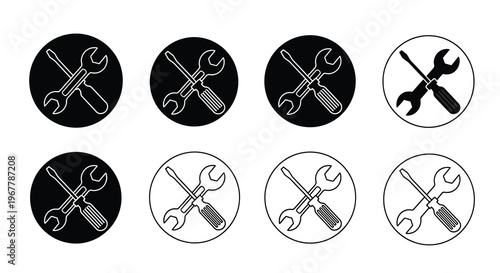 Black and white icons depicting various repair tools in circular frames