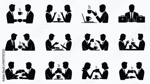 Business people meeting communication vector icons set black silhouettes of coworkers discussing ideas over coffee