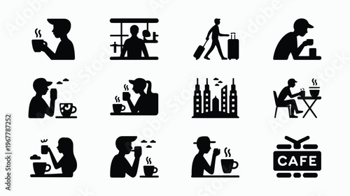 Minimalist cafe icons set featuring people drinking coffee and traveling black silhouettes on white background