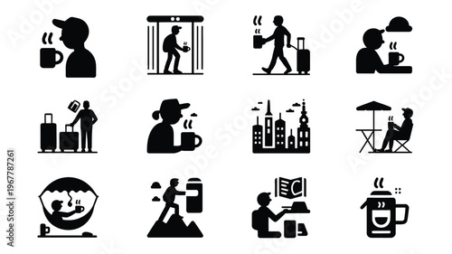 Black vector icons depicting travel business and daily life activities on white background