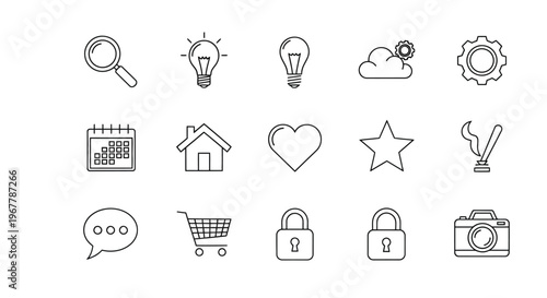 Collection of simple line icons representing ideas home and technology