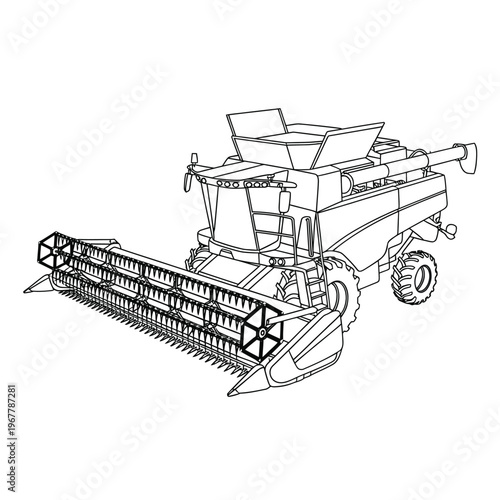 Detailed line drawing of a large combine harvester agricultural machinery
