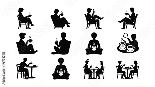 Minimalist black silhouette icons of people sitting and enjoying coffee or tea in various relaxed poses and settings
