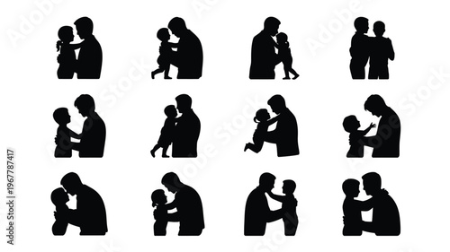 Black silhouettes of parents holding and caring for children family love and bonding icons set
