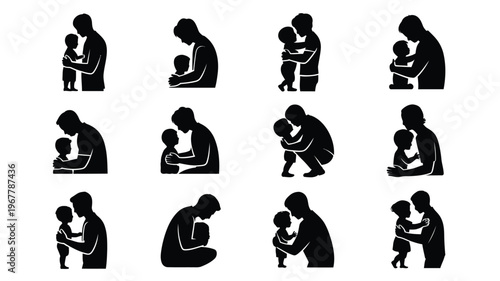 Set of black silhouettes of mother and child hugging cuddling and playing conveying love and affection in various poses