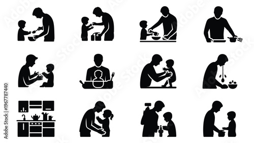 Vector illustration of parents and children sharing moments family bonding love and care in various scenes