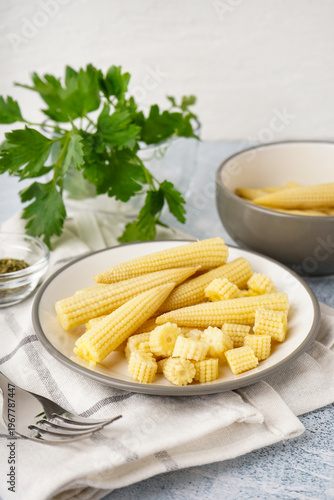 Plate with tasty canned cor...