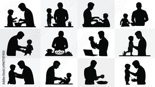 Silhouette illustrations of parents and children in various daily activities at home
