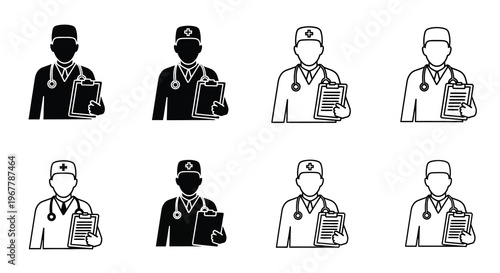 Diverse group of medical professionals with clipboards shown in black and white