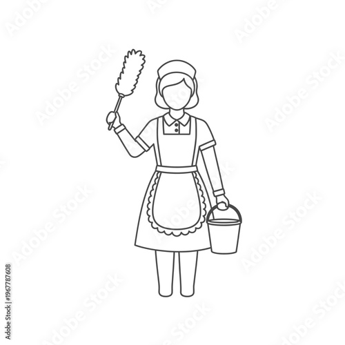 Illustration of a Female Housekeeper Holding a Feather Duster and Cleaning Bucket