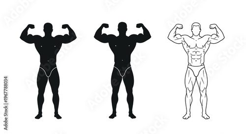 Three male silhouettes demonstrating progressive muscle development stages