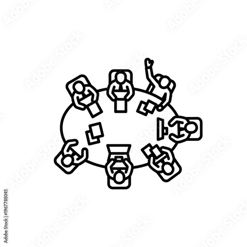 Minimalist Illustration of Diverse People Sitting Around a Round Conference Table