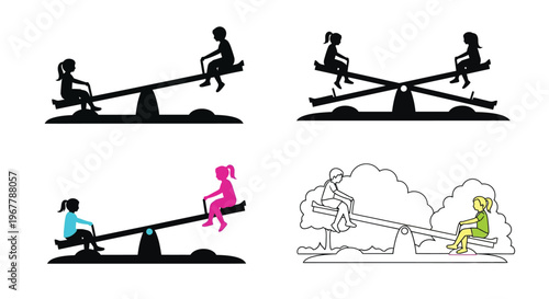 Four depictions of children playing on seesaws in varying styles