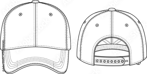 baseball cap technical drawing front back views cad flat vector illustration adjustable snapback hat template fashion accessory design mockup