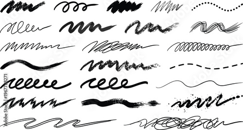 Set of 20 unique hand drawn scribble and underline elements with sketchy strokes for highlights, branding, social media, note taking, web design and creative layouts