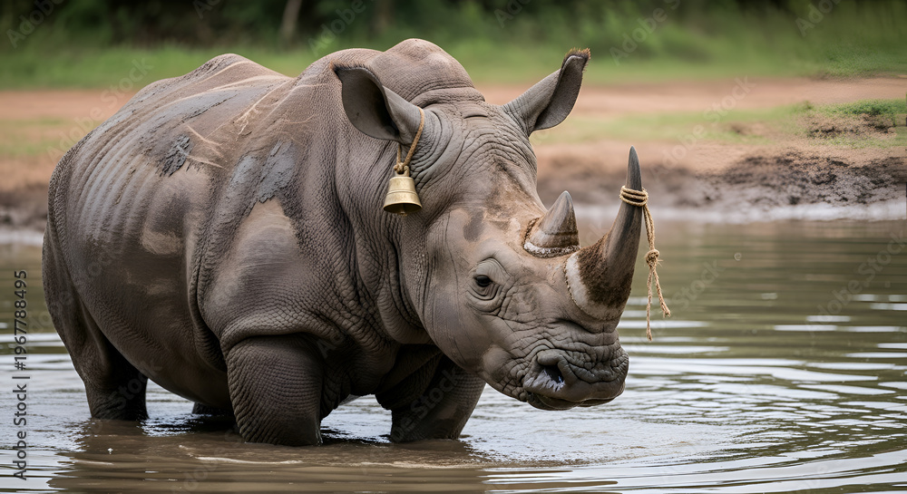 Fototapeta premium Rhino standing in shallow water outdoors.