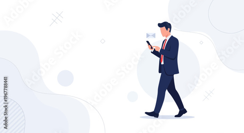 Businessman walking and checking smartphone with email notification, modern abstract background