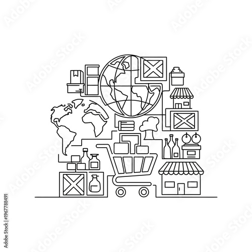 E-commerce shopping cart with global delivery and online store icons