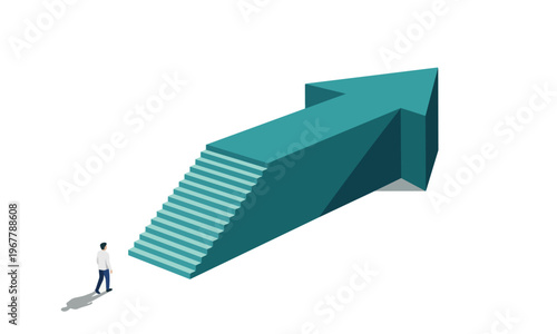 Person Standing at Base of Staircase Shaped Like Giant Success Arrow Pointing Toward Golden Star