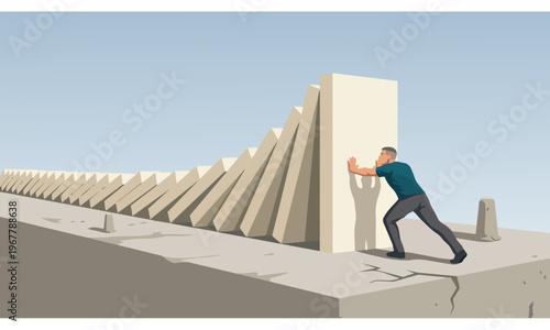 Strong Man Pushing Against Falling Domino Blocks Stopping Chain Reaction and Managing Business Crisis