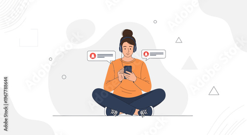 Young Woman Listening to Music on Headphones and Texting on Smartphone