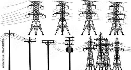 electric transmission tower collection, high voltage power lines, utility poles silhouettes, energy distribution network, industrial electricity infrastructure, vector 