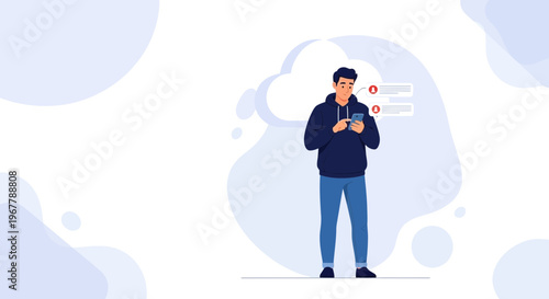 Young man using smartphone, receiving notifications, modern communication concept