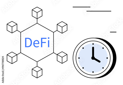 Financial technology, blockchain, time management, decentralized transactions, digital currency, innovation. A connected blockchain network next to a clock. Blockchain and time management
