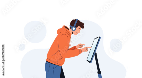 Young man with headphones interacting with a digital touchscreen kiosk