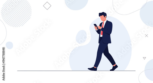 Businessman walking and using smartphone, modern abstract background, business concept