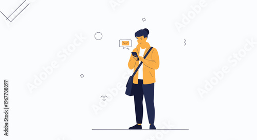 Young man with bun hairstyle using smartphone, notification bubble, modern flat illustration