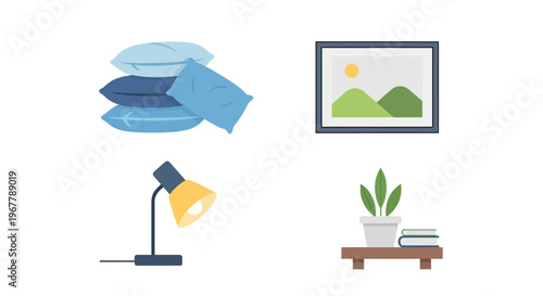 Cozy Bedroom Elements: Pillows, Artwork, Lamp, and Potted Plant Decor