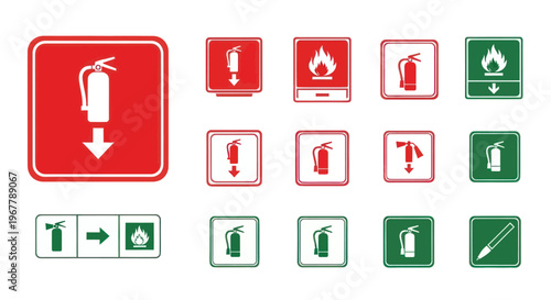 Fire Extinguisher Icons Set - Safety Signs for Emergency Prevention and Firefighting Equipment