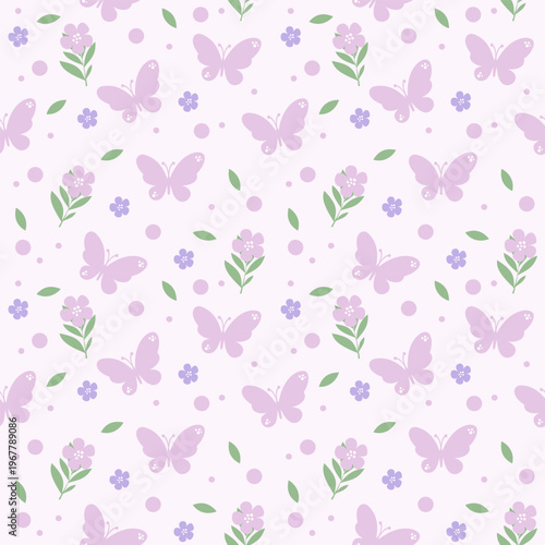 Cute Purple Butterfly and Floral Seamless Pattern with Leaves and Polka Dots on Pastel Background for Textile and Surface Design