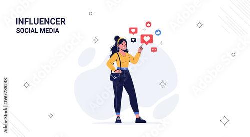 Influencer Social Media Woman with Likes and Hearts Icons, Digital Marketing Concept