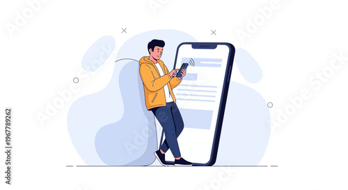 Man using smartphone next to giant mobile phone screen, digital communication concept