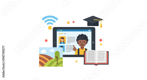 Online Learning Concept: Kid Studying on Tablet with Graduation Cap and Book