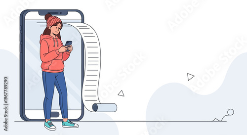 Woman Using Smartphone with Long Receipt Scrolling from Screen - Online Shopping Concept