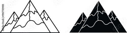 solid silhouette vector icons set of mountain range illustrations, black and white contour peaks, stylized alpine landscape graphic design collection