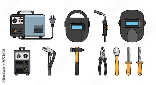 Welding Tools and Equipment Set: Welder Machine, Helmet, Torch, Pliers, Hammer, Files