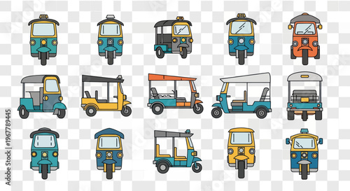 Colorful Tuk Tuk Auto Rickshaw Vehicles Collection - Flat Design Icons