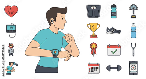 Man checking smartwatch during fitness workout with health icons