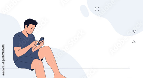 Young Man Sitting and Using Mobile Phone, Relaxed Lifestyle Illustration