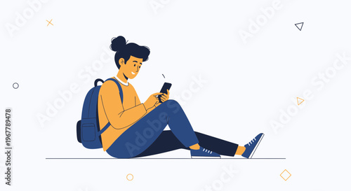 Young Person with Backpack Using Smartphone, Sitting Outdoors